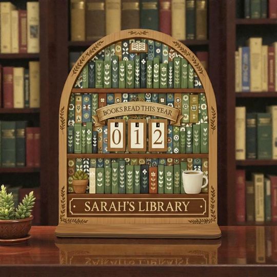 Discover Library Personalized Green Floral Book Tracker Sign, Vintage Botanical Reading Goal Counter, Custom Wood Library Decor for Readers