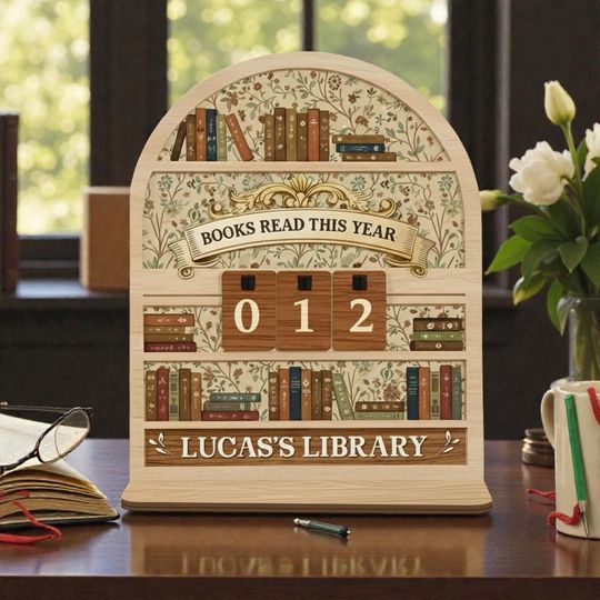 Discover Personalized Floral Book Tracker Sign, Custom Name Light Wood Reading Counter, Vintage Flower Library Decor, Bookish Gift for Reader