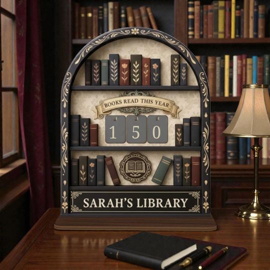 Vintage Style Black and Gold Book Tracker, Personalized Book Lover Gift, Custom Name Reading Goal Counter, Elegant Library Bookshelf Decor