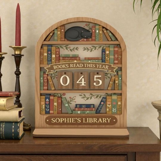 Discover Custom Library Book Tracker Sign with Sleeping Cat, Personalized Wood Reading Counter, Floral Bookshelf Decor, Book Lover Gift