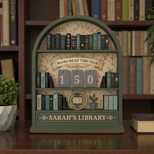 Personalized Dark Green Book Tracker Sign, Custom Name Book Lover Gift, Forest Green Reading Goal Counter, Vintage Inspired Library Decor