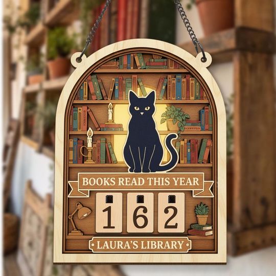 Discover Personalized Black Cat Books Read Tracker Sign, Custom Name Book Cat Library Wall Decor, Reading Counter Gift for Cat Lovers and Readers