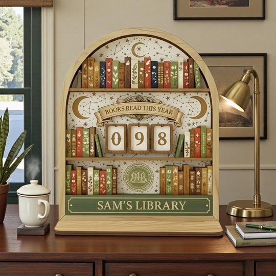 Discover Library Personalized Celestial Book Tracker, Moon and Stars Custom Reading Counter, Night Sky Library Sign, Vintage Style Wood Decor