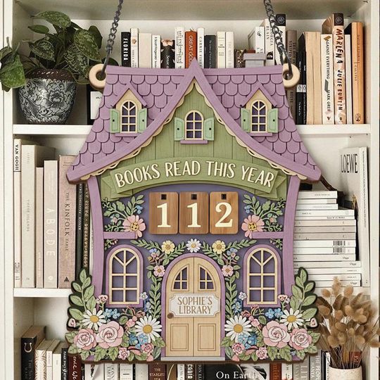 Discover Whimsical Cottage Reading Tracker Sign, Floral Book Count Display, Personalized House Library Dcor, Custom Bookshelf Sign for Readers