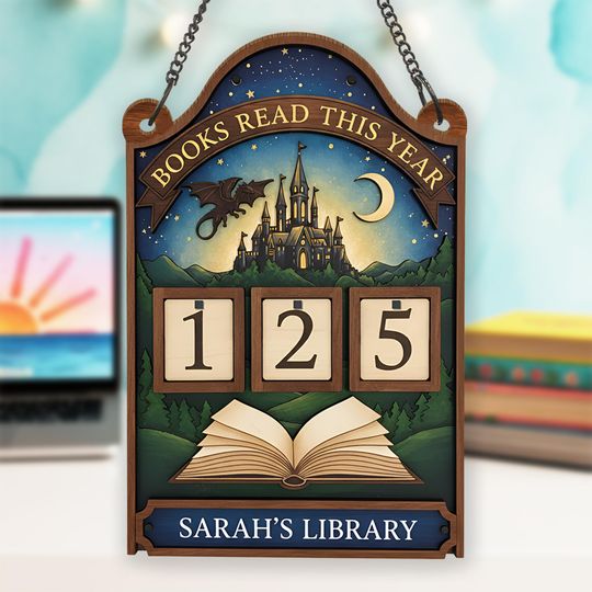 Discover Personalized Fantasy Book Tracker Sign with Castle and Dragon, Books Read This Year Counter, Custom Library Gift for Readers