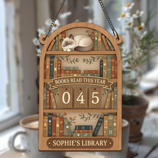 Cat Book Tracker Sign, Wooden Reading Log, Personalized Books Read Counter, Library Shelf Decor