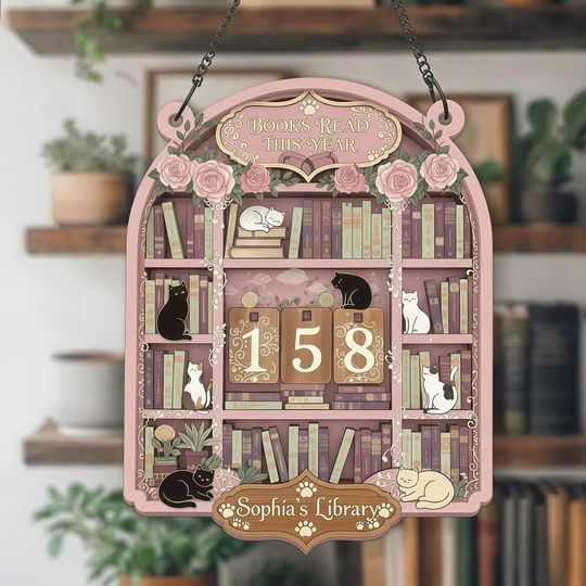 Discover Custom Reading Tracker Sign for Book Lovers, Personalized Book Reading Challenge Plaque, Cat Lover Decor, Cozy Nook Gift