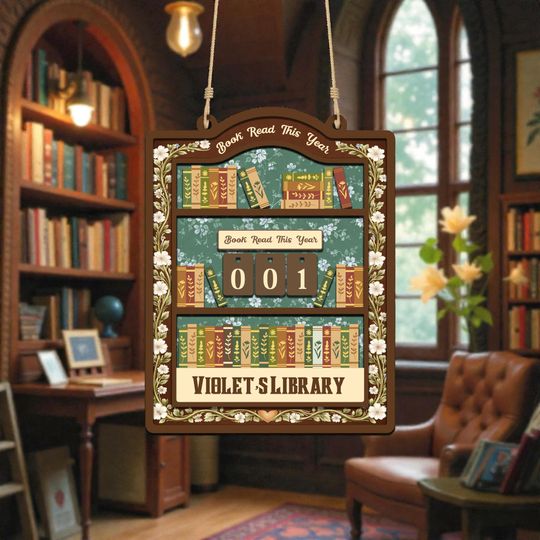 Discover Personalized Floral Book Tracker Sign - Vintage Reading Counter Sign, Aesthetic Bookshelf Counter, Custom Layered Wooden Book Tracker Sign