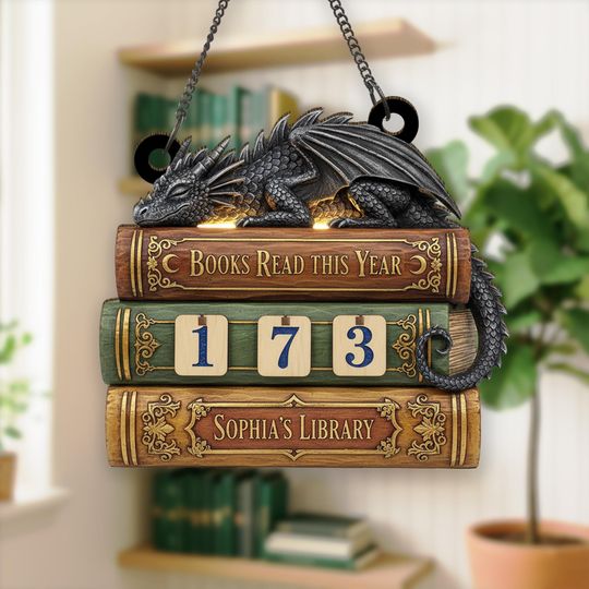 Discover Personalized Dragon Books Read This Year Tracker, Fantasy Book Stack Sign with Number Tiles, Custom Library Decor, Reader Gift