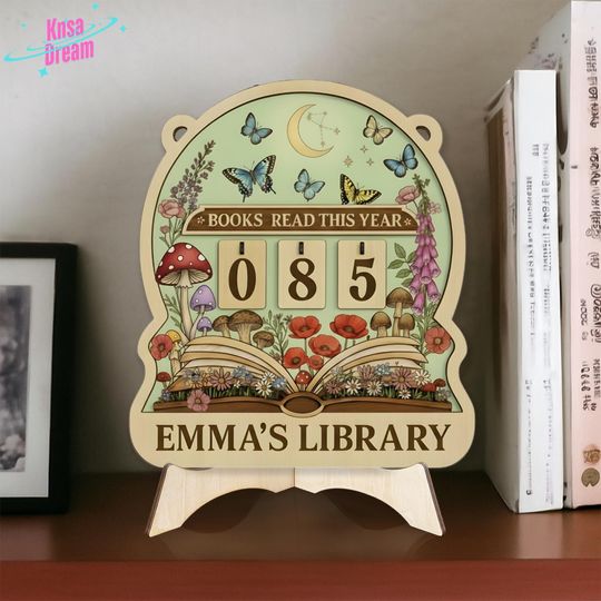 Discover Custom Engraved Whimsical Bookworm Gift - Wooden Reading Goal Tracker, Books Read This Year Plaque, Cute Butterfly and Mushroom Decor