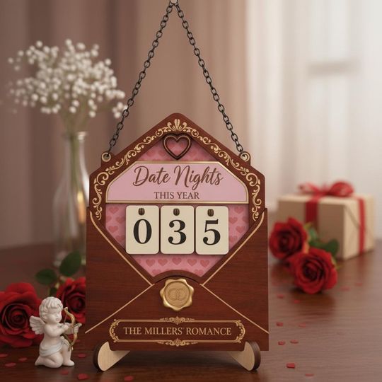 Personalized Date Night Tracker for Couples, Wooden Date Counter Sign with Custom Names, Romantic Anniversary Valentine Gift for Him and Her