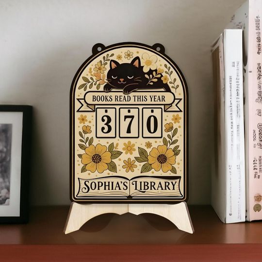 Discover Cat Lovers Gift Idea, Personalized Library Name Sign, Wooden Reading Goal Tracker, Charming Vintage Floral Present for Any Book Lover Decor