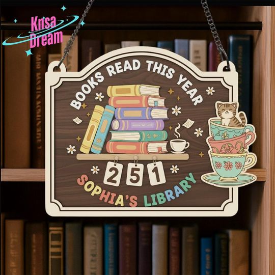 Discover Personalized Books Read This Year Counter, Wooden Reading Goal Tracker with Cute Cat and Tea Cup Design, Custom Library Gift for Book Lover