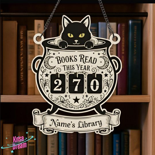Discover Personalized Witchy Cat Book Counter, Spooky Reading Tracker Sign, Custom Books Read This Year Display, Goth Bookshelf Decor Gift