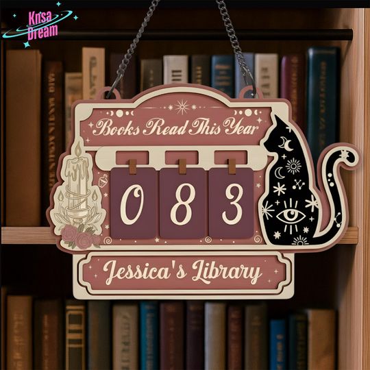 Gothic Personalized Reading Goal Meter - Wooden Book Counter Display, Custom Library Sign, Perfect Gift for Cat Owner and Dark Academia Fan