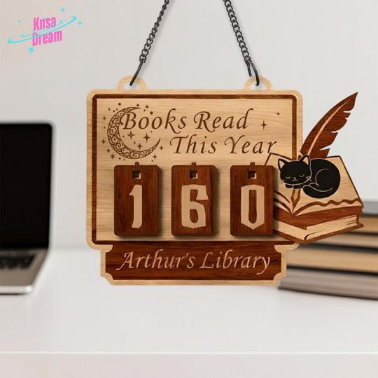 Discover Custom Engraved Sleeping Cat Bookworm Gift - Wooden Reading Goal Tracker, Books Read This Year Plaque, Unique Library Nook Decor for Reader