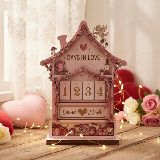 Discover Mystical Wooden Love Day Tracker, Fairy Tale Couple Sign 2026, Days in Love Counter, Personalized Romantic Decor Plant Flora