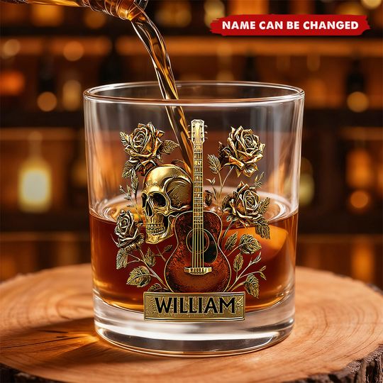 Guitar, Skull & Roses - Personalized Guitar Whiskey Glass