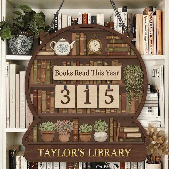 Discover Personalized Wooden Book Tracker Sign, Books Read This Year Counter with Plants, Bookshelf, Custom Library Reading Log Gift, Bookshelf Decor