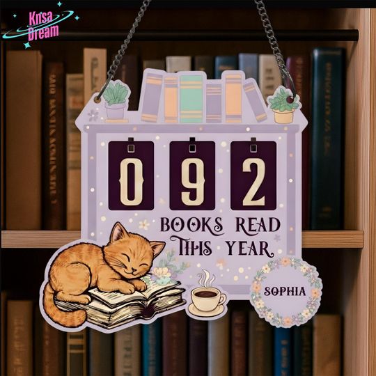 Discover Unique Personalized Cat Lover Book Counter - Hanging Reading Goal Meter Sign, Custom Book Display, Perfect Gift for Any Reader and Cat Mom