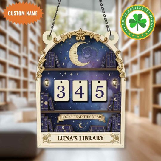 Discover Personalized Celestial Book Tracker Sign, Books Read This Year Flip Counter, Moon & Stars Library Decor, Book Lover Gift For Readers