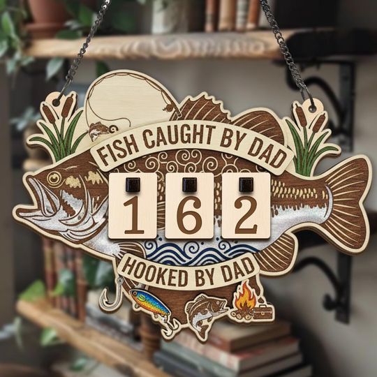 Discover Personalized Fish Caught Tracker Sign, Custom Hooked by Dad Fishing Sign, Wooden Fishing Decor, Gift for Fisherman, Dad Gift Idea