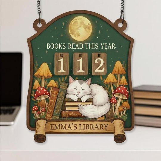 Discover Personalized Book Tracker with Cat & Mushrooms - Custom Books Read This Year Sign - Cottagecore Library Decor - Gift for Book Lovers