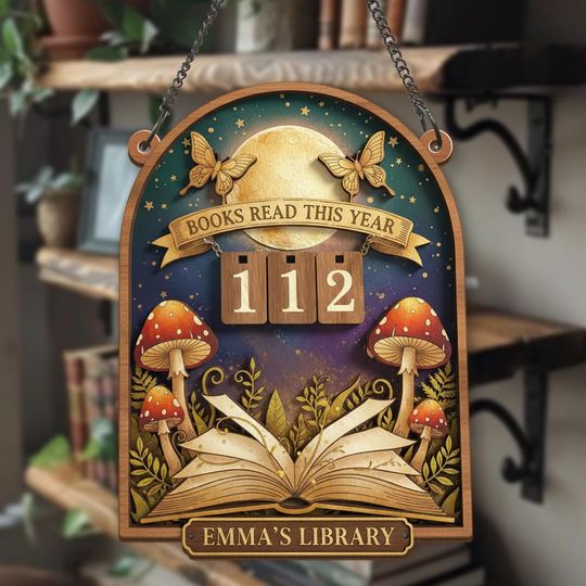Discover Personalized Wooden Reading Tracker Sign, Books Read This Year Sign with Mushrooms, Custom Name Library Decor, Book Lover Gift