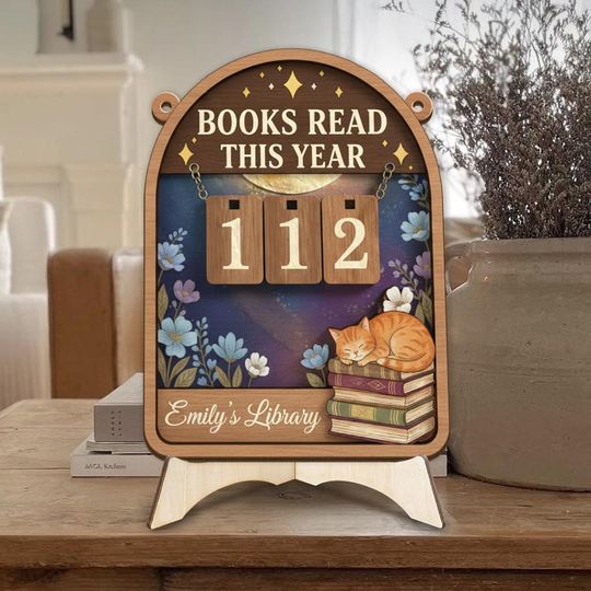 Discover Personalized Wooden Reading Tracker Sign, Books Read This Year Sign with Cat, Custom Name Library Decor, Book Lover Gift, Reading Lover Gift