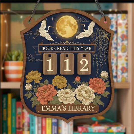 Discover Mythical Moon Book Tracker Sign, Books Read This Year Wooden Sign, Personalized Library Decor, Crane and Peony Reading Gift, Reading Lover