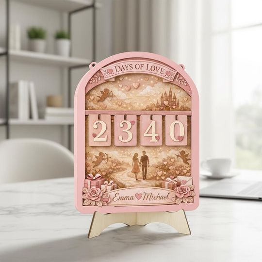 Discover Personalized Days of Love Wooden Countdown Sign, Valentine Love Tracker with Hanging Numbers, Custom Couple Name Wall Decor