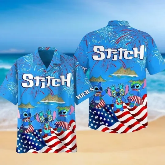 Discover Stitch Hawaiian Shirt, 4th of July Patriotic Shirt, Custom Name Aloha Top, Firew