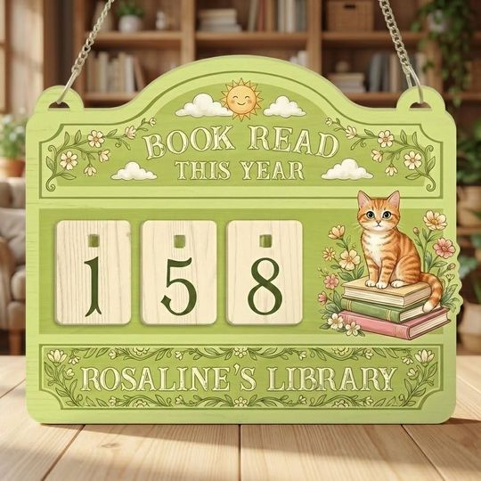 Discover Cute Cat Floral Wood Book Tracker Sign, Wooden Reading Counter, Custom Library Sign, Books Read This Year Display, Gift for Book Lover