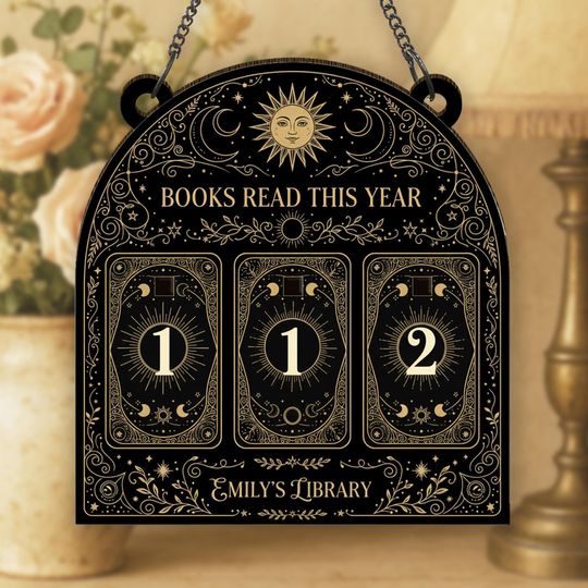Discover Celestial Books Read This Year Tracker Sign, Personalized Reading Counter,Moon & Stars Library Decor, Book Lover Gift,Custom Name Shelf Sign