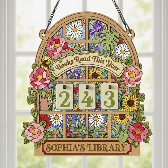 Books Read This Year Tracker Sign,Personalized Reading Log Wooden Sign,Custom Name Library Book Counter,Book Lover Gift,Floral Stained Glass