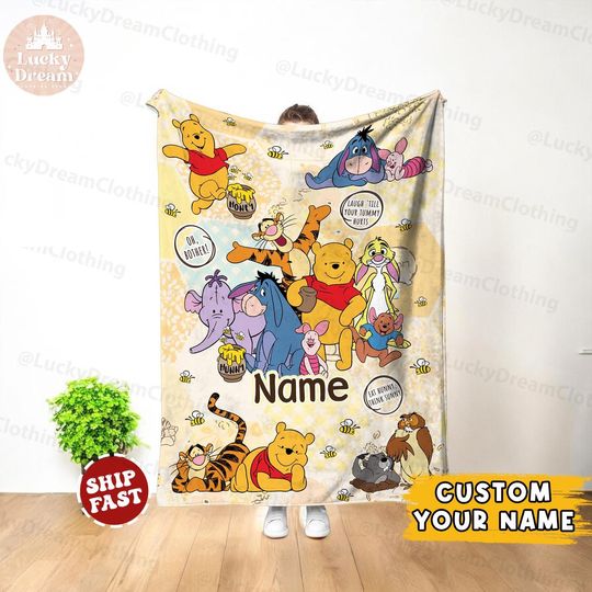 Discover Personalized Watercolor Winnie the Pooh Baby blanket, Pooh Bear and friends blanket, Birthday gift for her/him From Mom, Kids Adults blanket