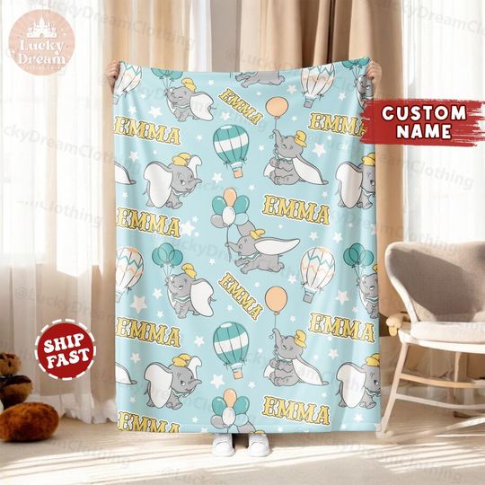Discover Custom Name  Disney Baby Dumbo Blanket, Personalized Blanket Gift, Baby Dumbo Blanket, Cute Dumbo Flying Elephant Birthday Boy Girl Gifts