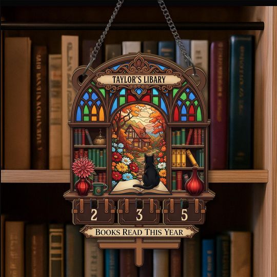 Discover Books Read This Year Tracker, Stained Glass Library Window, Black Cat & Flowers, Hanging Reading Counter, Personalized Name Plaque Gift 2025