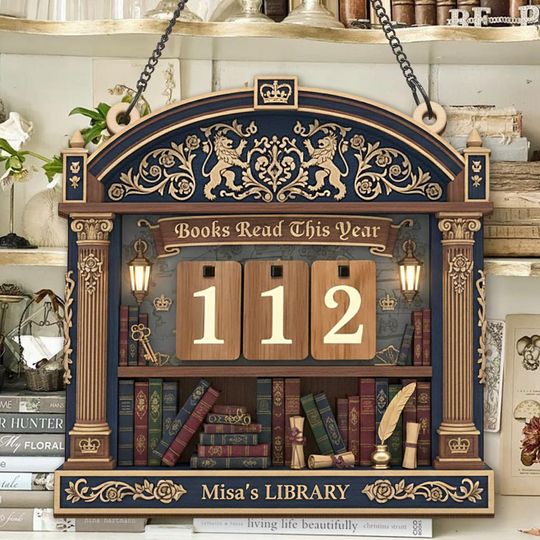 Personalized Navy Gold Reading Tracker Sign, Elegant Book Count Display,Custom Library Wall Dcor, Custom Classic Bookshelf Sign for Readers