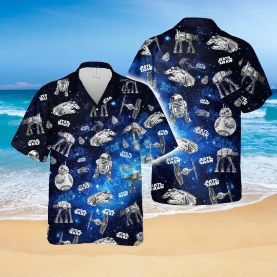 Star Wars Hawaiian Shirt, Navy Blue Outer Space Shirt, Summer Hawaiian Shirt