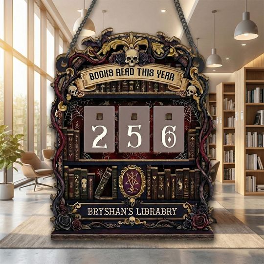 Discover Personalized Gothic Book Tracker Sign  Dark Academia Library Decor with Skull Accents and Custom Name Reading Log for Book Lovers Gift