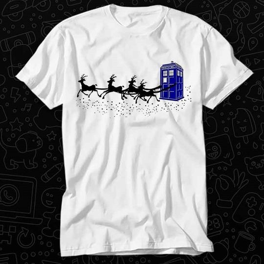 Discover Doctor Who Christmas Police Phone Box Flying Deer Star T-Shirt Unisex Adult Tee Vintage Music