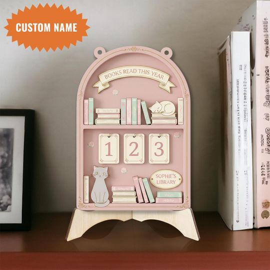 Discover Custom Cat Book Tracker Sign, Books Read This Year Flip Counter, Custom Name Library Decor, Book Lovers Gift, Bookshelf Decor