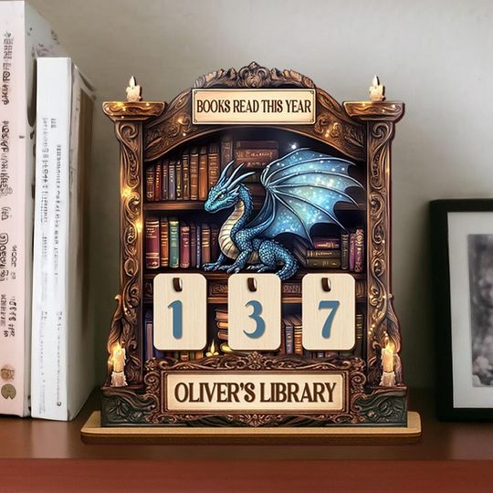 Discover Personalized Dragon Book Tracker Sign, Wooden Reading Goal Board,Fantasy Book Stack Sign with Number Tiles,Custom Library Decor,Reader Gift