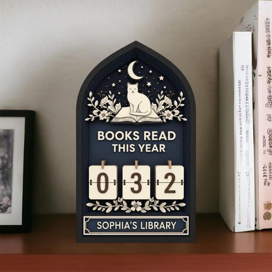 Personalized Cat & Moon reading counter, Books Read This Year Tracker - digit flip tags, custom name library sign book lover desk decor gift