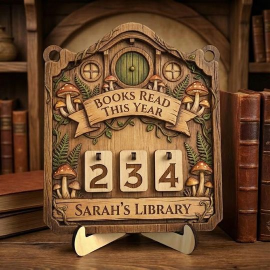 Discover Hobit House Books Read This Year Counter, Cottage Wooden Book Custom Library Decor, Personalized Forest Bookshelf Reading Tracker Sign