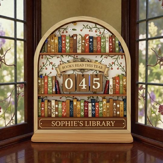 Discover Personalized Library Book Tracker Sign, Red and Green Floral Wooden Decor, Books Read This Year Counter, Festive Bookish Home Gift