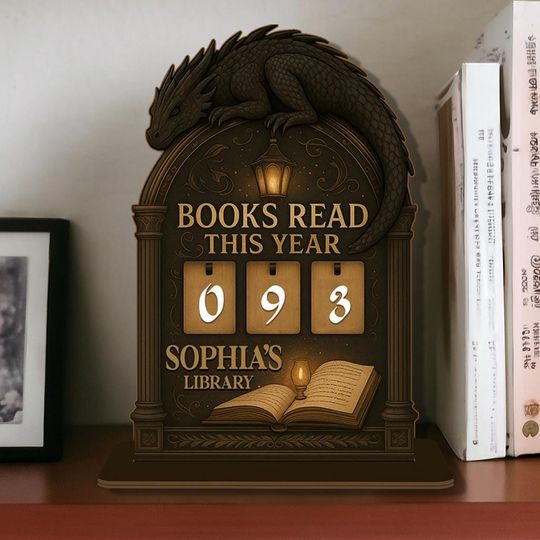 Personalized Dragon Book Tracker Sign, Wooden Reading Goal Board