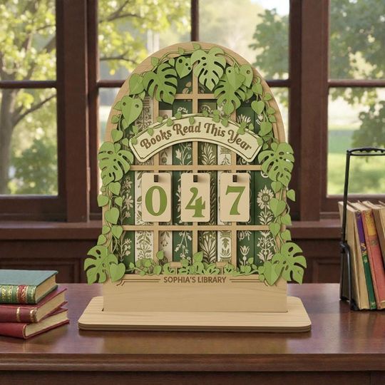 Discover Library Monstera Leaf Book Tracker, Tropical Plant Reading Sign, Green Foliage Wood Book Counter, Personalized Gift for Reader