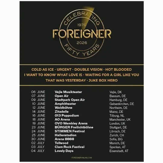 Discover Foreigner Celebrating Fifty Years Tour 2026 Poster